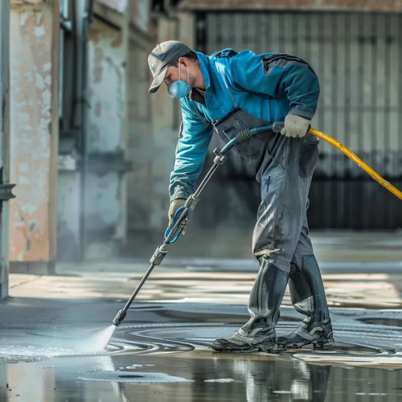 A person in a blue jacket and protective gear uses a high-pressure washer on a concrete floor.