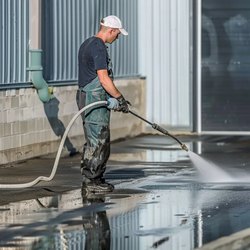 A worker in protective gear pressure washes an outdoor surface, creating a clean path on the wet ground
