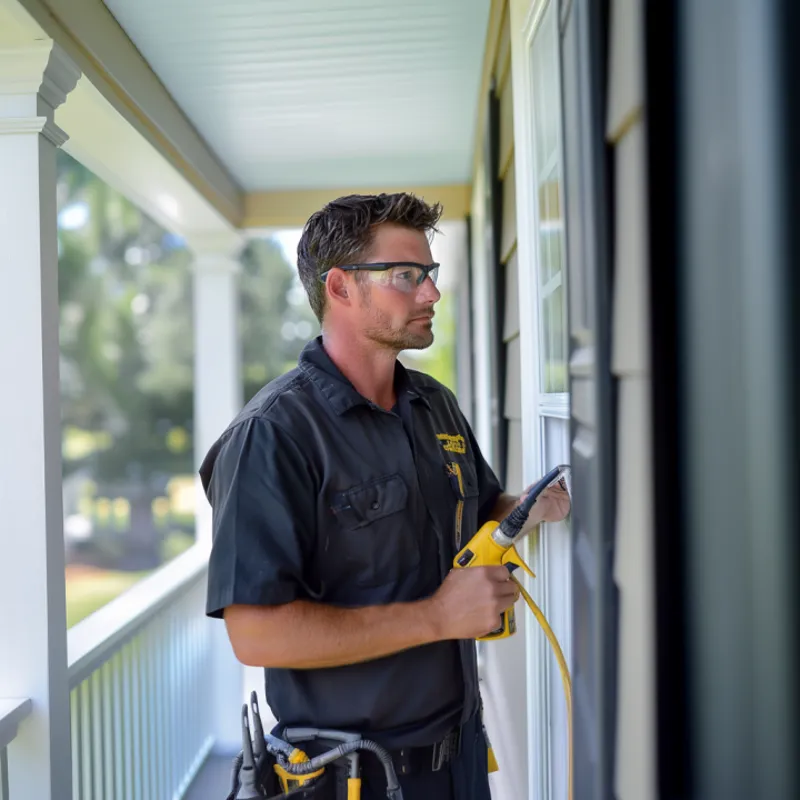 A focused handyman wearing safety glasses and a black uniform with a yellow logo, equipped with a tool belt, holding a yellow drill, standing on a porch of a house, ready for maintenance work