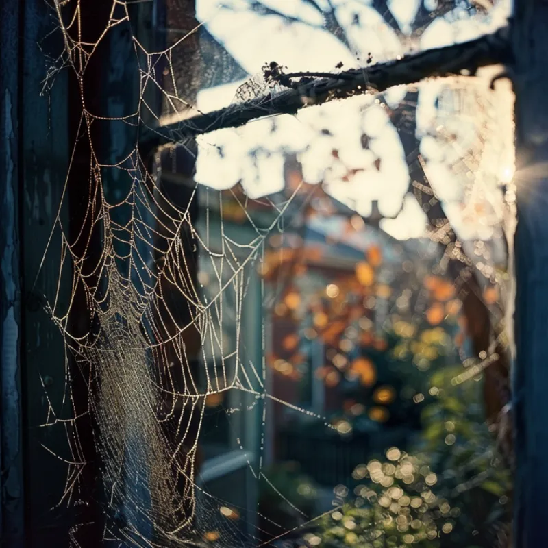 A spider's web intricately woven between branches and a wooden frame, glistening with morning dew, set against a backdrop of a softly illuminated garden