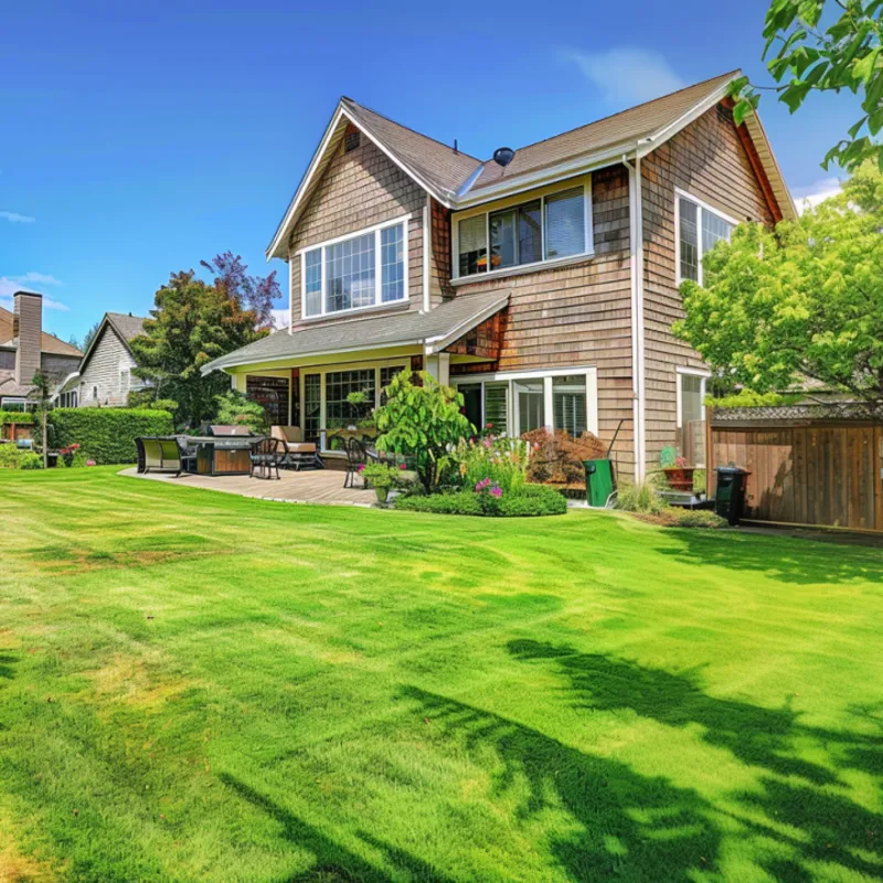 A vibrant summer scene of a two-story suburban home with a spacious green lawn. The house features a large patio area with outdoor furniture, surrounded by lush landscaping and a clear blue sky above.