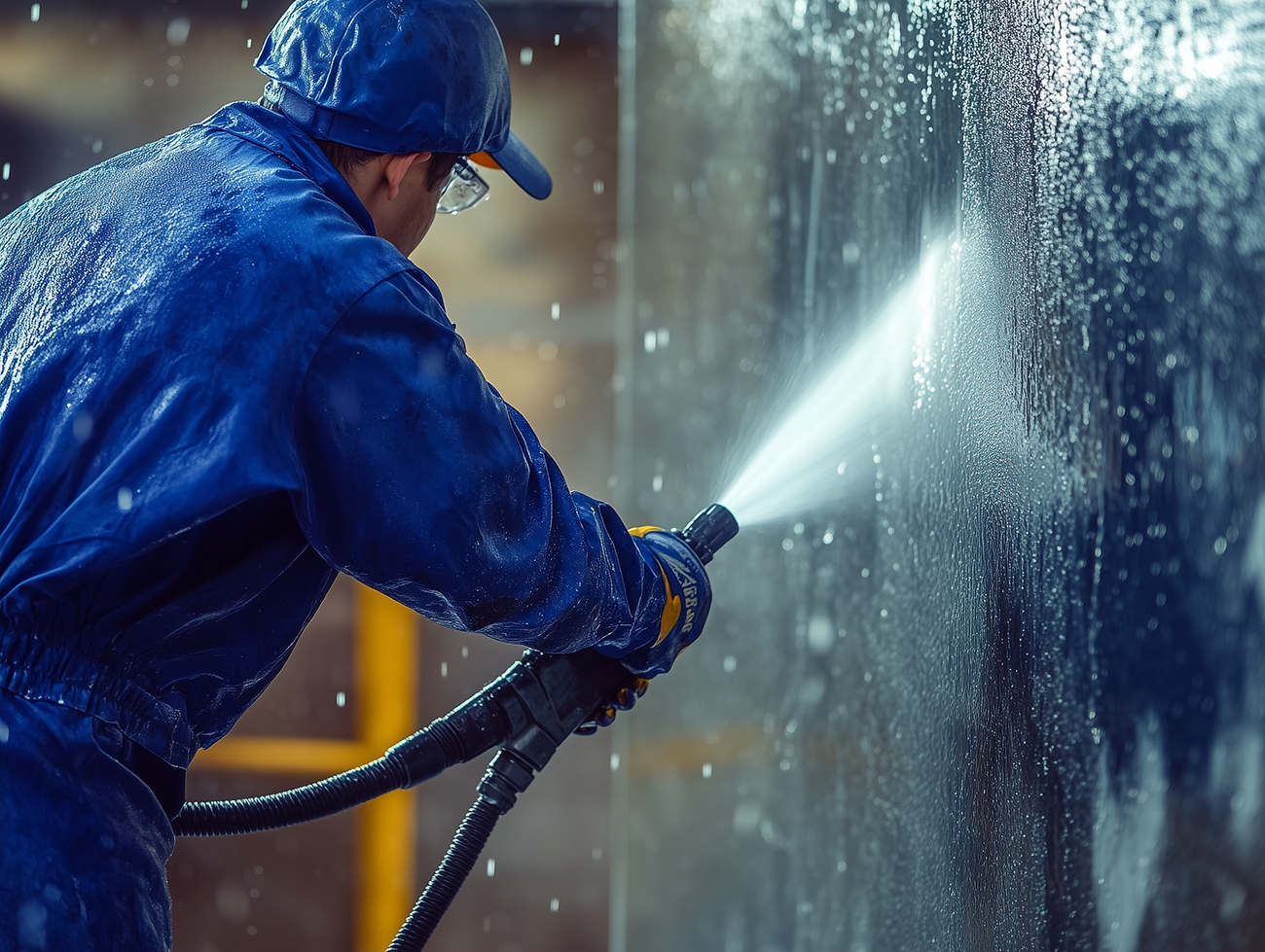 Commercial pressure washing cleaning a factory wall.