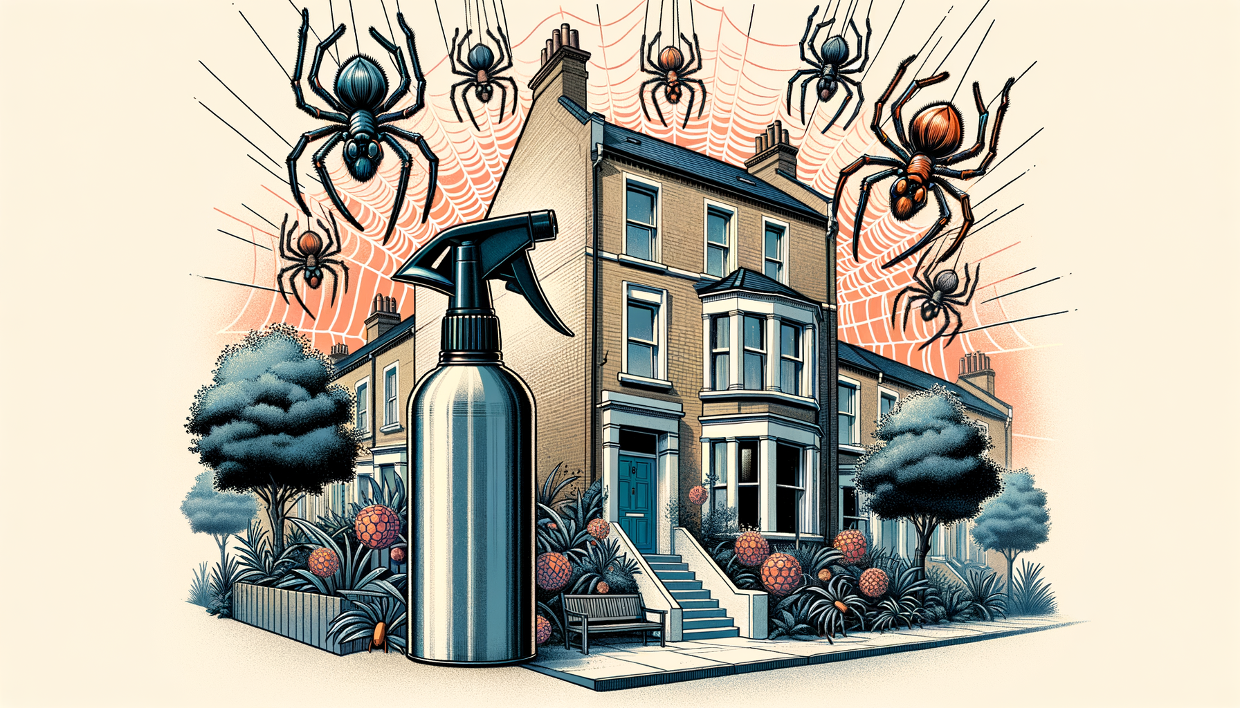 A townhouse with a spider spray canister prominently displayed in the foreground