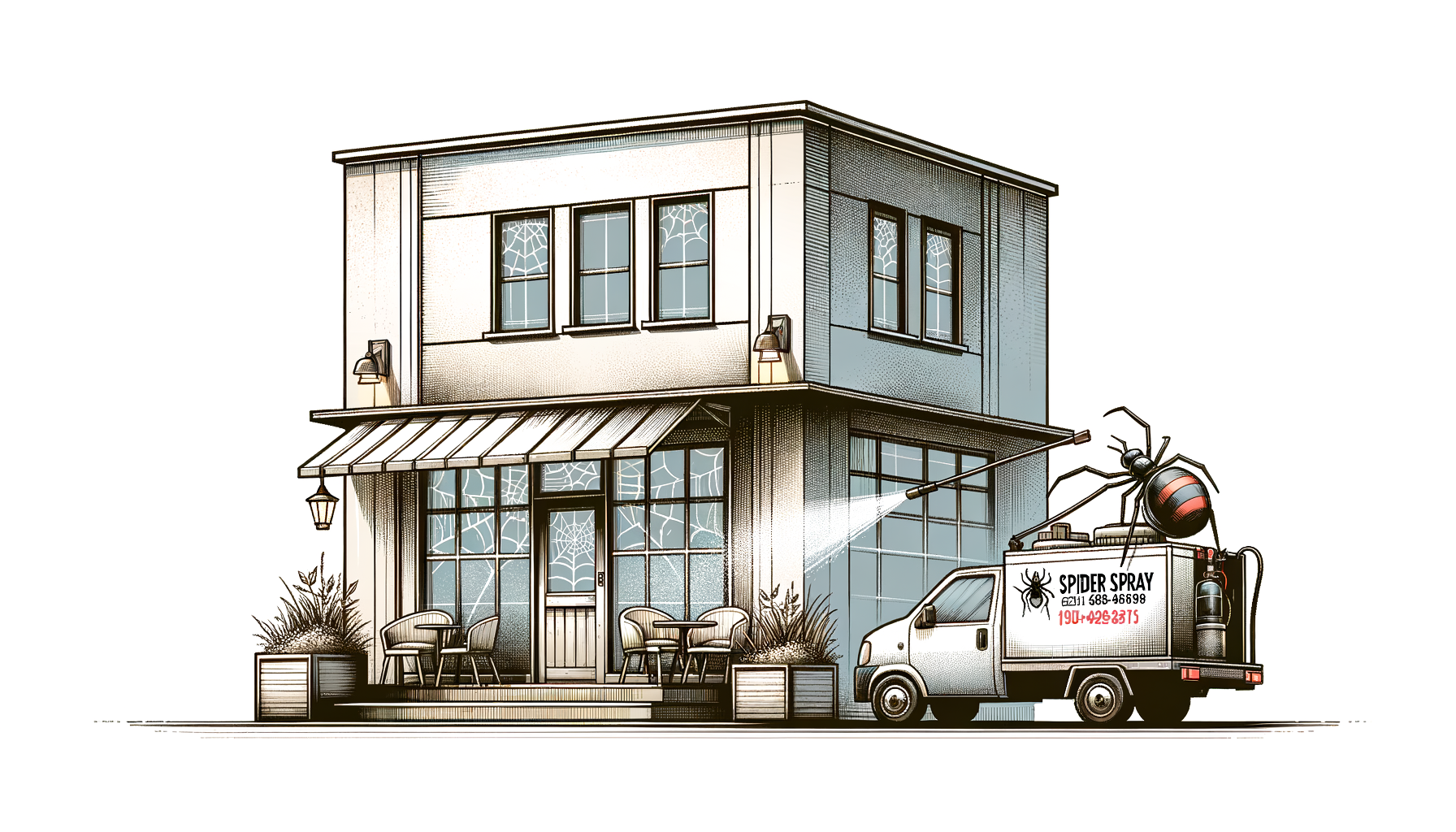 A restaurant exterior with a spider spray service vehicle parked nearby