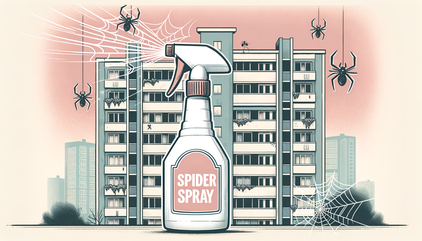 A spray bottle labeled "spider spray" with a backdrop of a multi-story apartment building