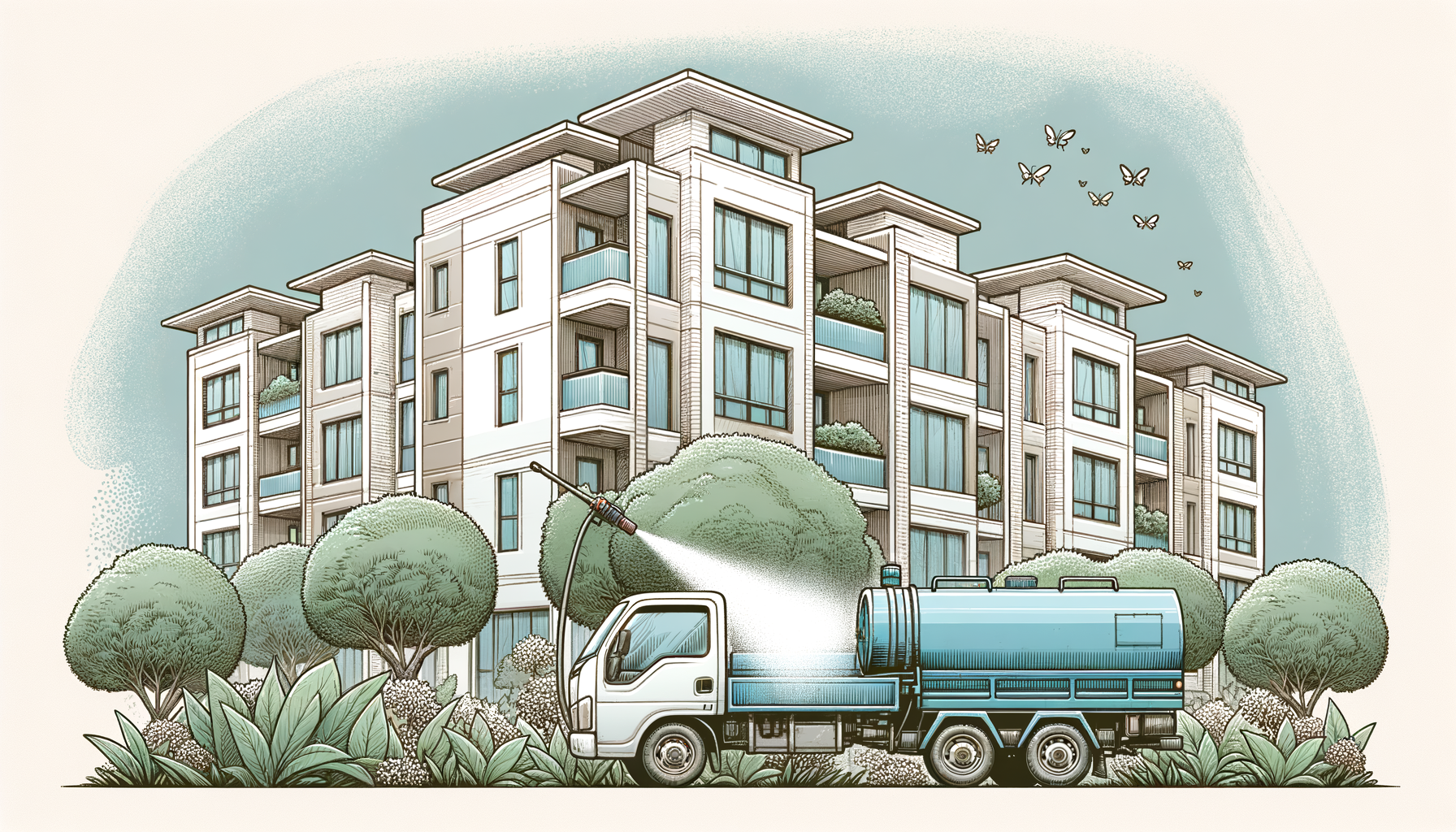 Draw an illustration of a serene condominium complex surrounded by lush greenery