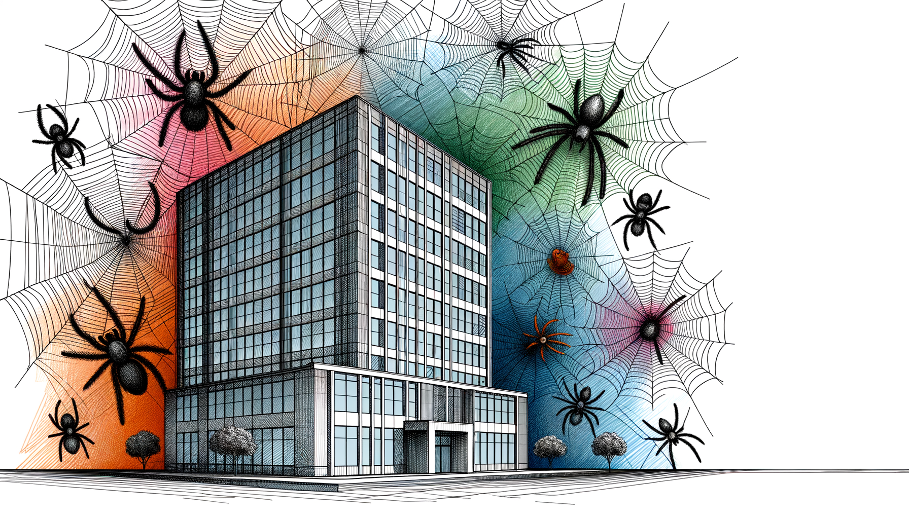 A sleek office building surrounded by a web of colorful spider sprays