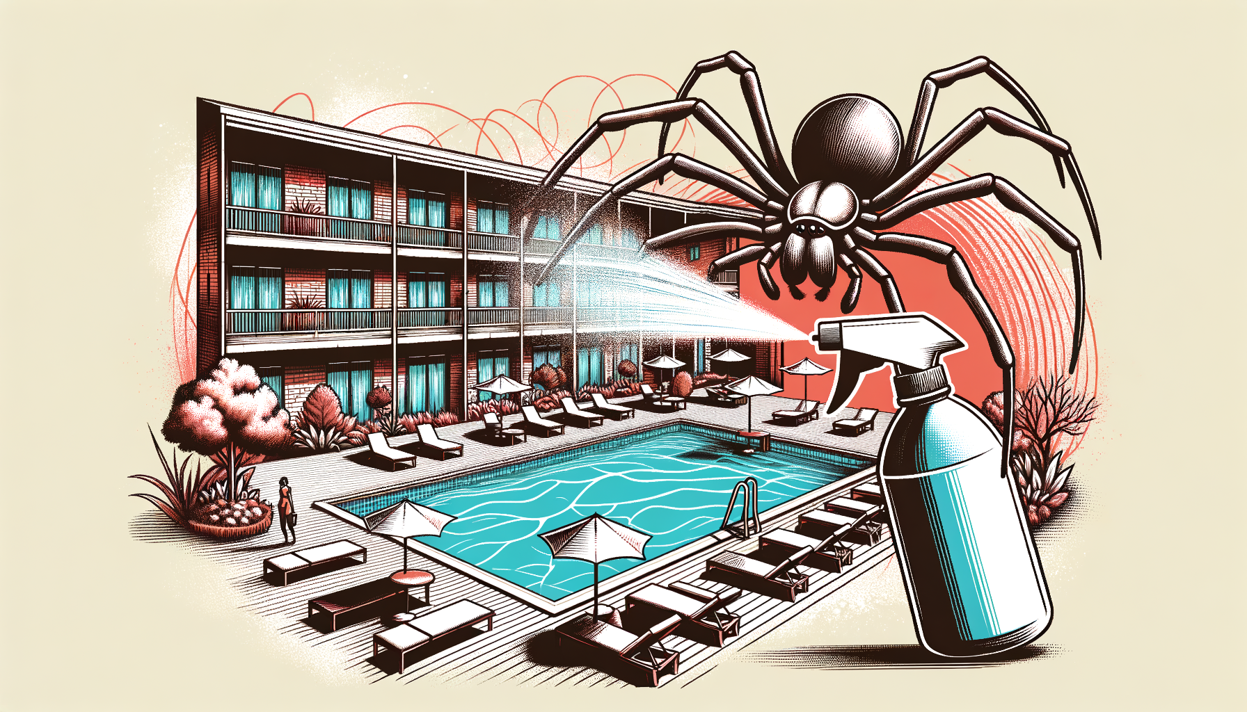 A hotel and motel scene with a large spider being sprayed with pest control spray