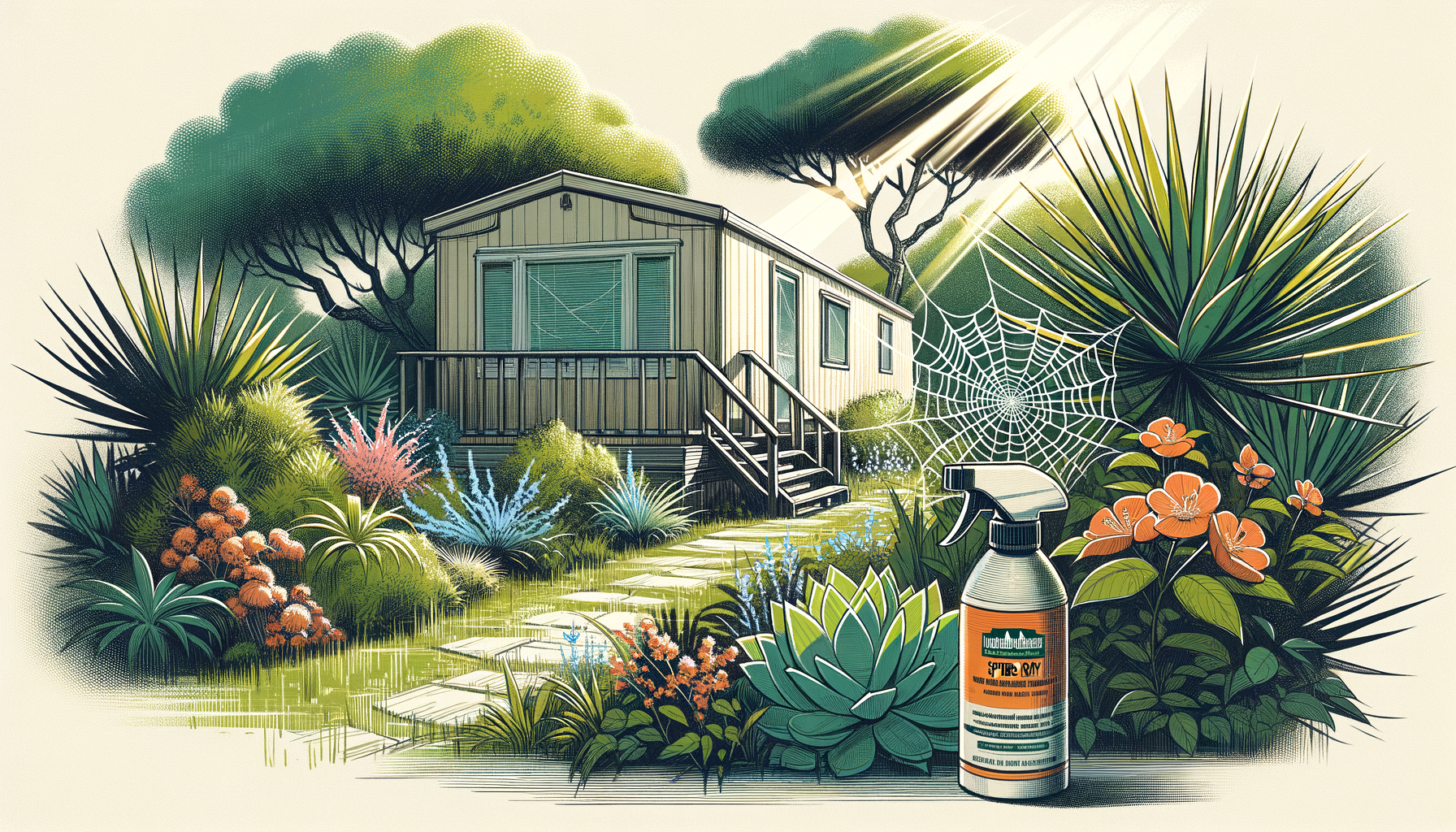 A mobile home surrounded by a lush garden