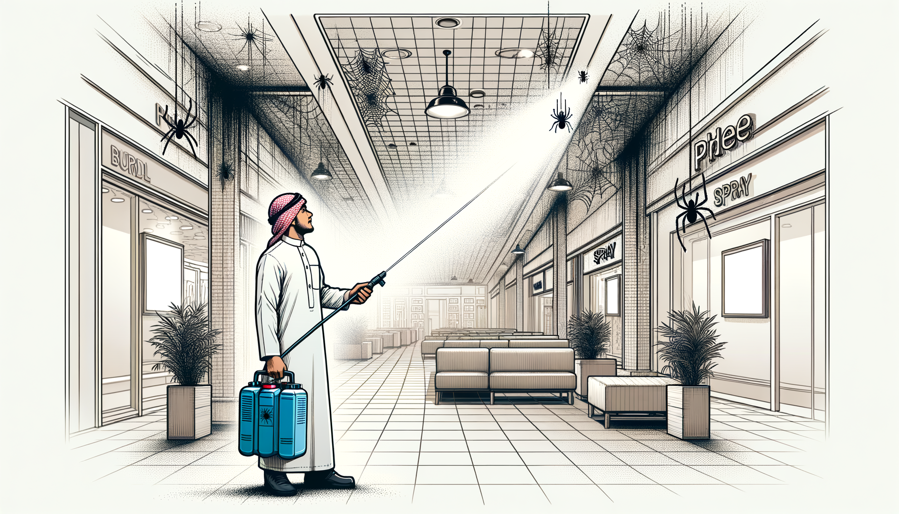A shopping mall interior showcasing a spider spray service in action