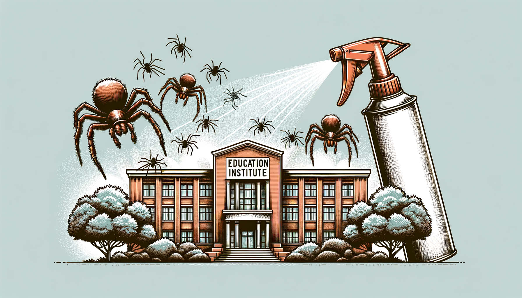 Draw an illustration of a school building surrounded by various types of spiders