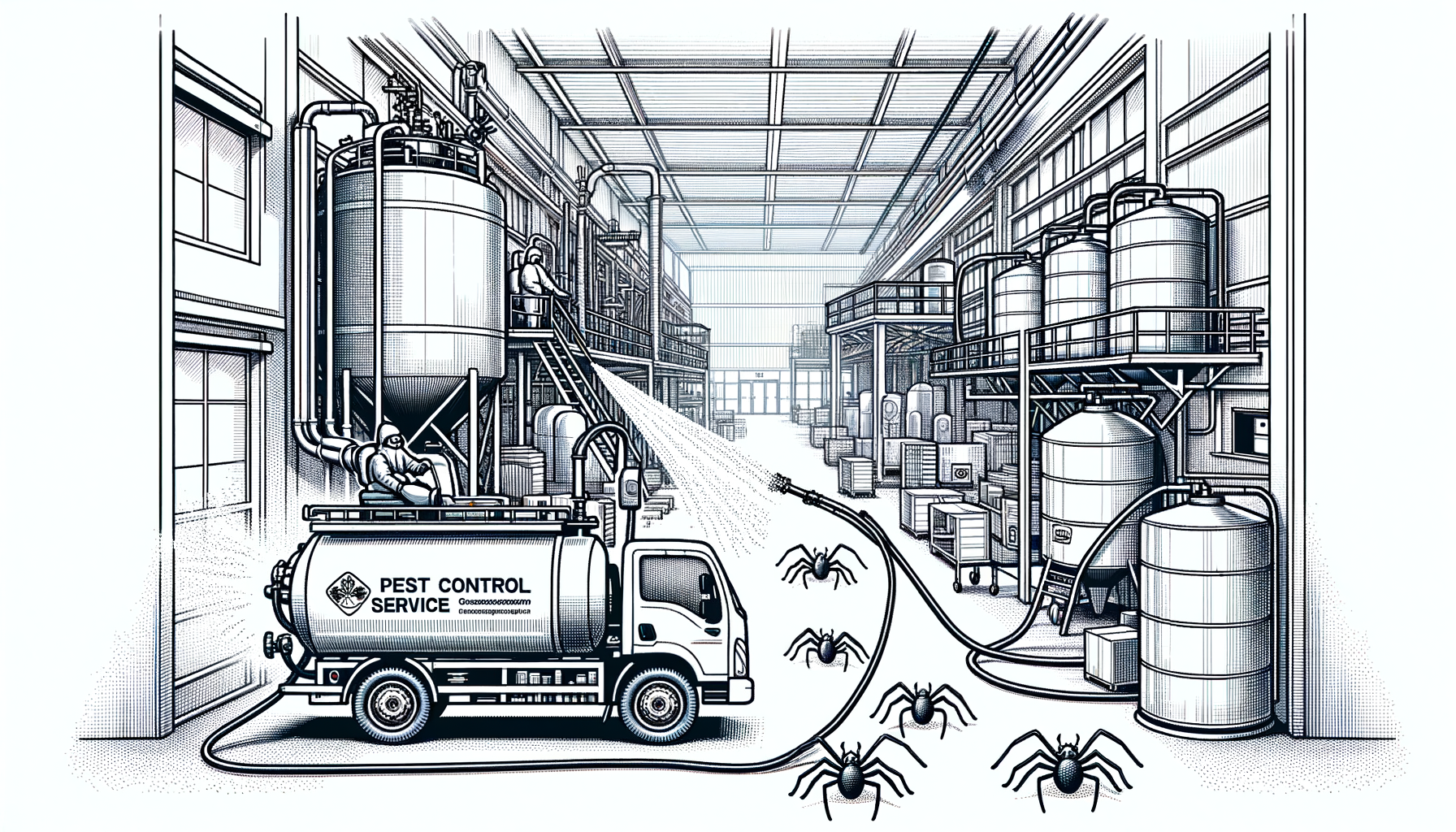 A factory setting with large machinery and storage areas
