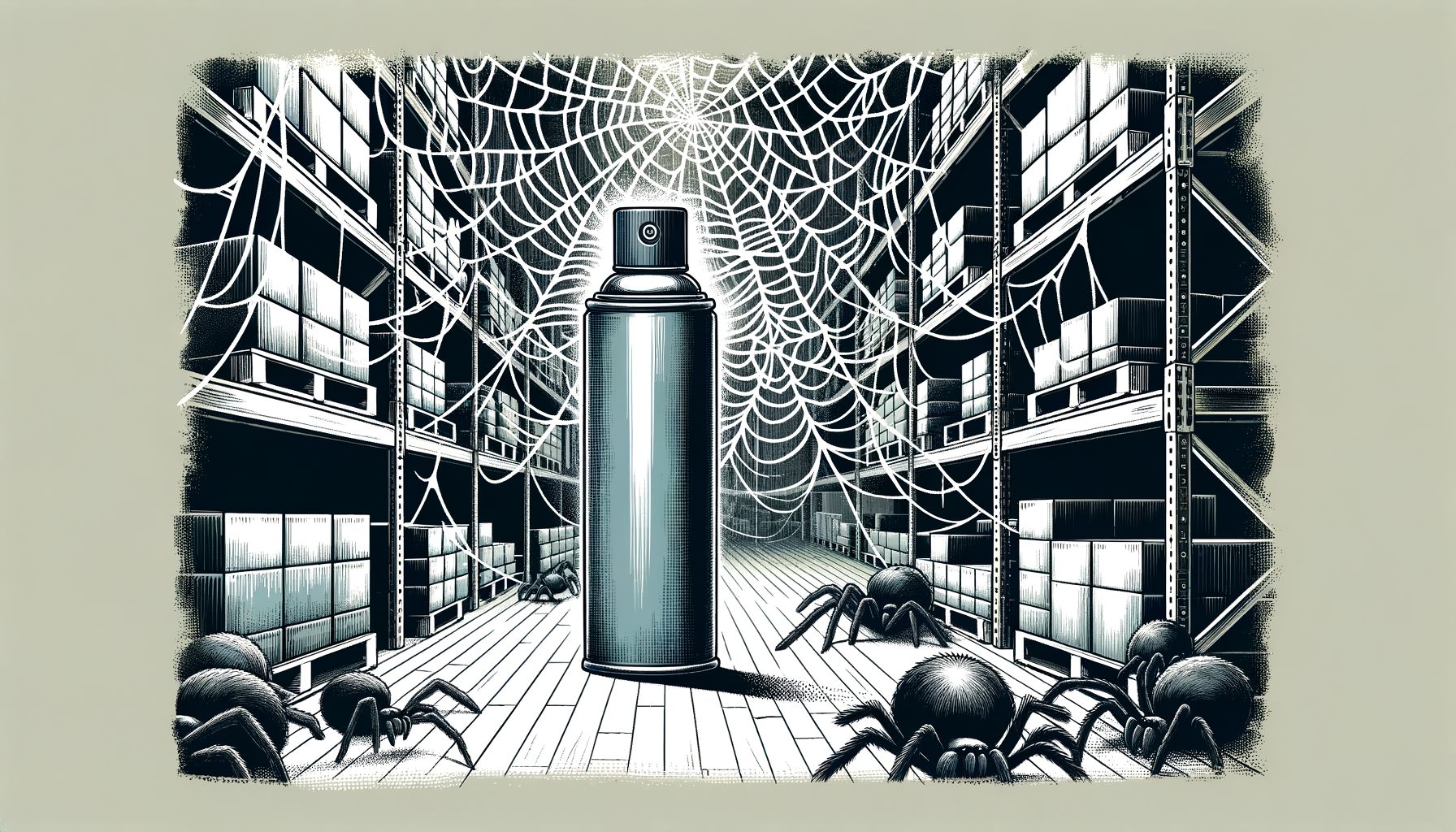 A distribution center with a large spider spray canister prominently displayed